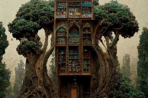 A.I The “MidJourney” Archives-Persian architecture merged with a grand tree in dense forest